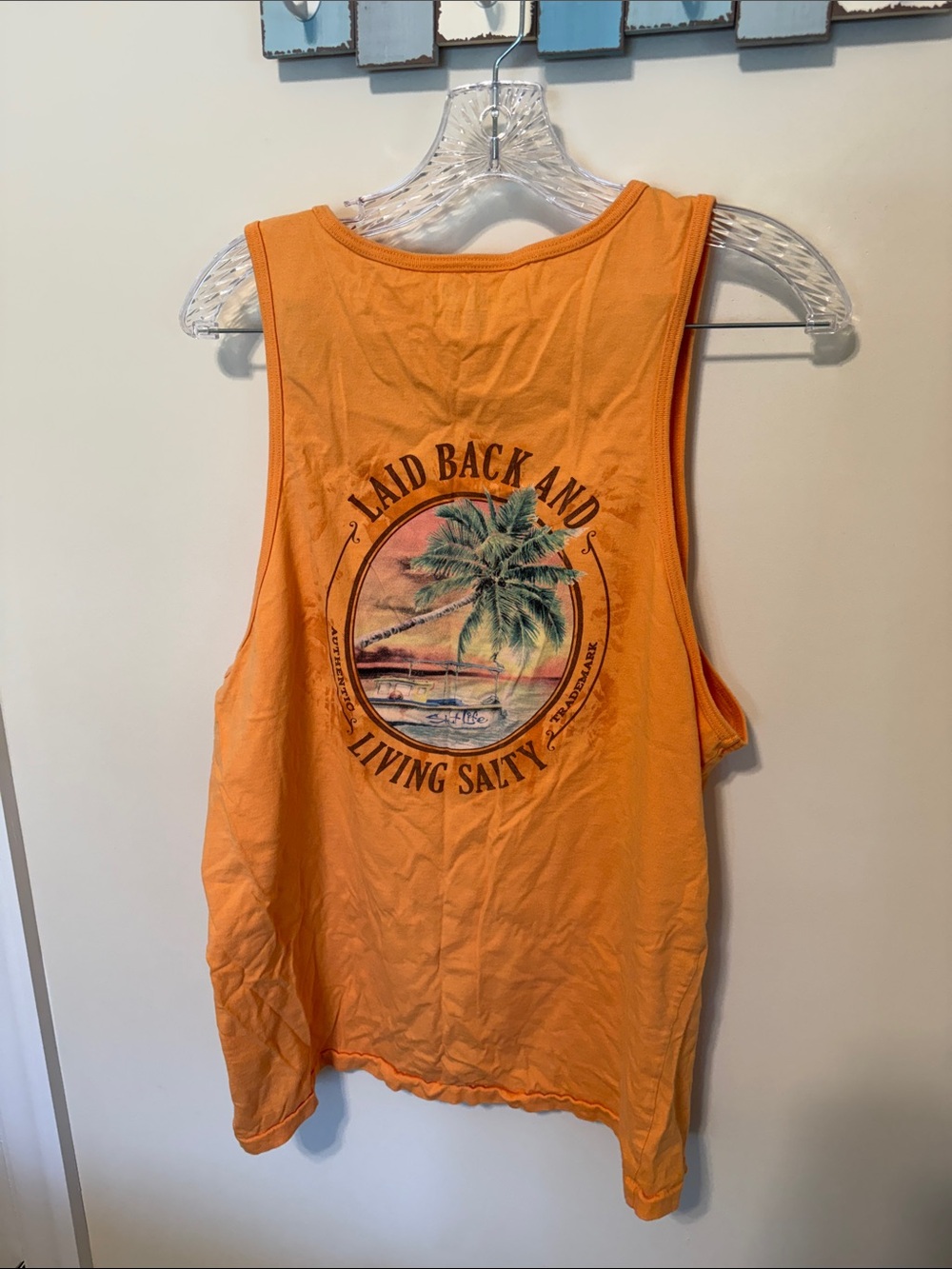Salt Life Men’s Orange Laid Back and Living Salty Tank Top / Size L
